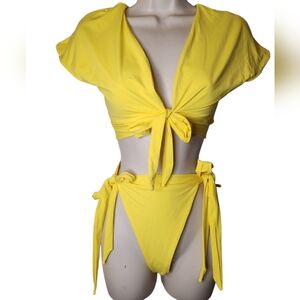 Four Three Seven Yellow Bikini Set Tie Front Top High Cut Bottoms M/L